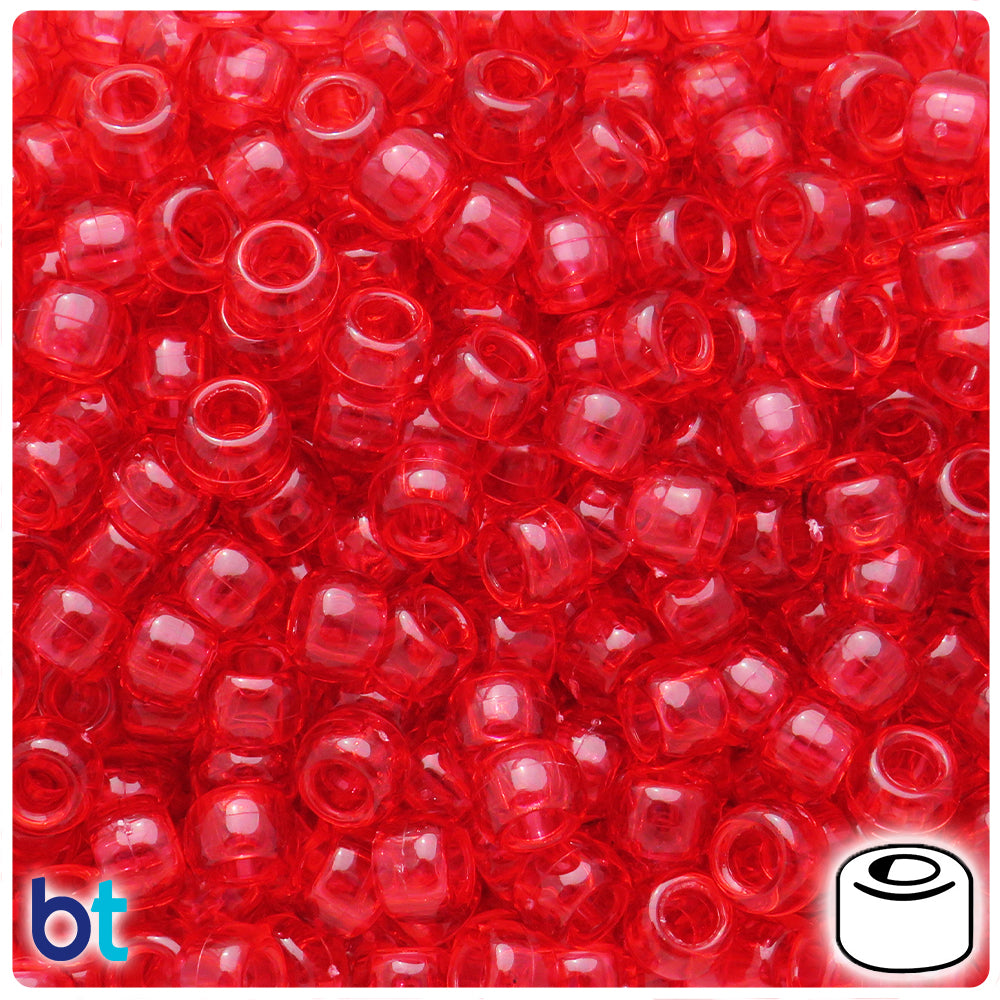 BeadTin Autumn Red Transparent 9mm Barrel Plastic Pony Beads (500pcs)