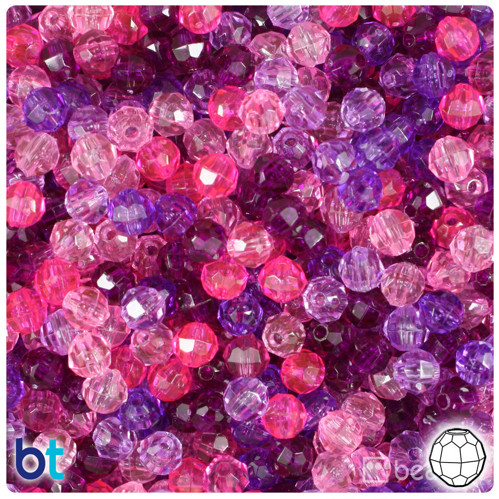 BeadTin Pink & Purple Transparent Mix 6mm Faceted Round Plastic Craft Beads (600pcs)