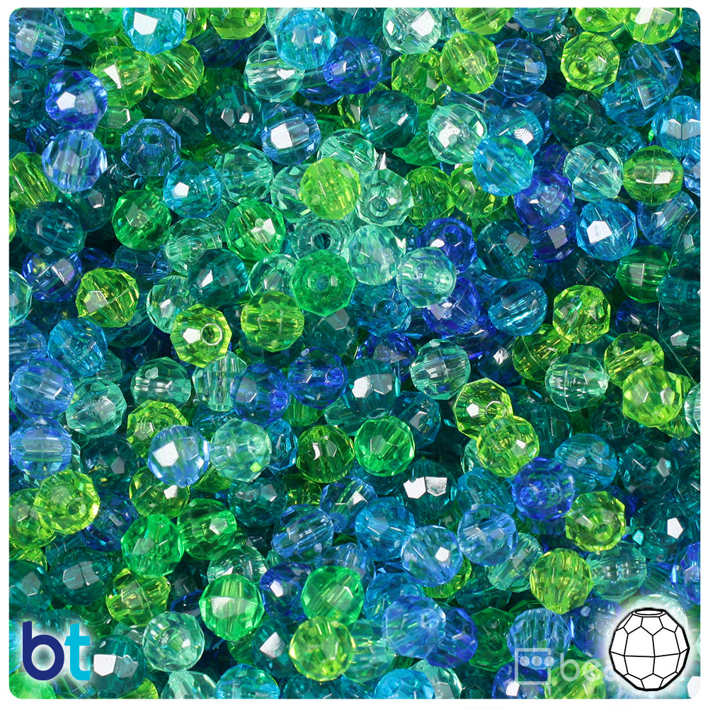 BeadTin Green & Blue Transparent Mix 6mm Faceted Round Plastic Craft Beads (600pcs)
