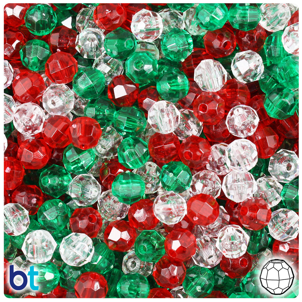 BeadTin Christmas Transparent Mix 6mm Faceted Round Plastic Craft Beads (600pcs)