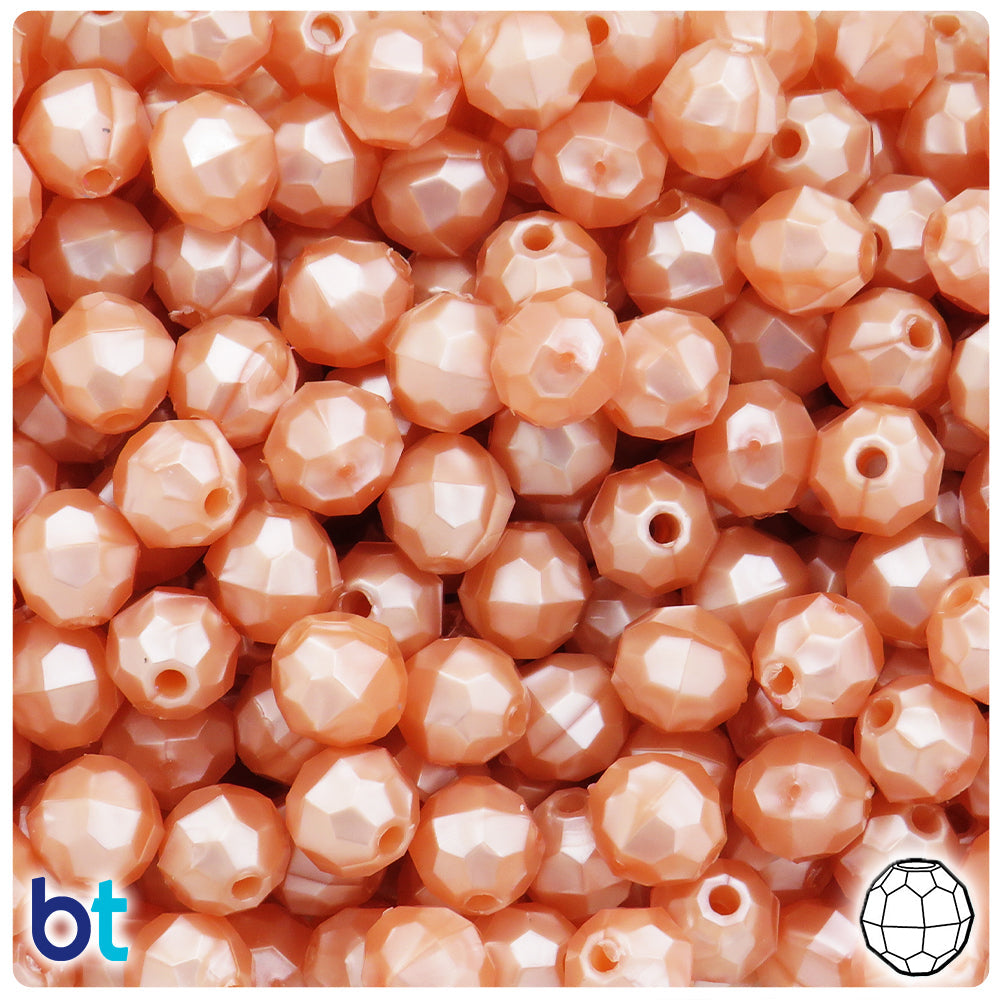 BeadTin Peach Pearl 10mm Faceted Round Plastic Craft Beads (225pcs)