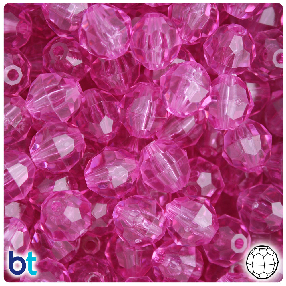 BeadTin Light Fuchsia Transparent 12mm Faceted Round Plastic Craft Beads (180pcs)