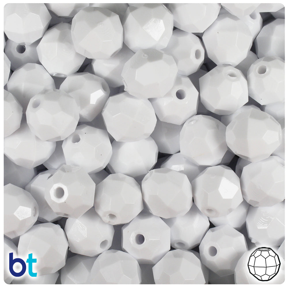 BeadTin White Opaque 12mm Faceted Round Plastic Craft Beads (180pcs)