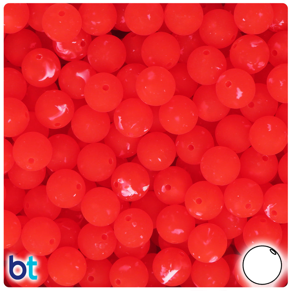 BeadTin Fire Red Frosted w/White Swirls 10mm Round Plastic Craft Beads (150pcs)
