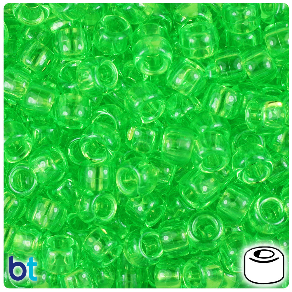 BeadTin Lime Transparent 9mm Barrel Plastic Pony Beads (500pcs)