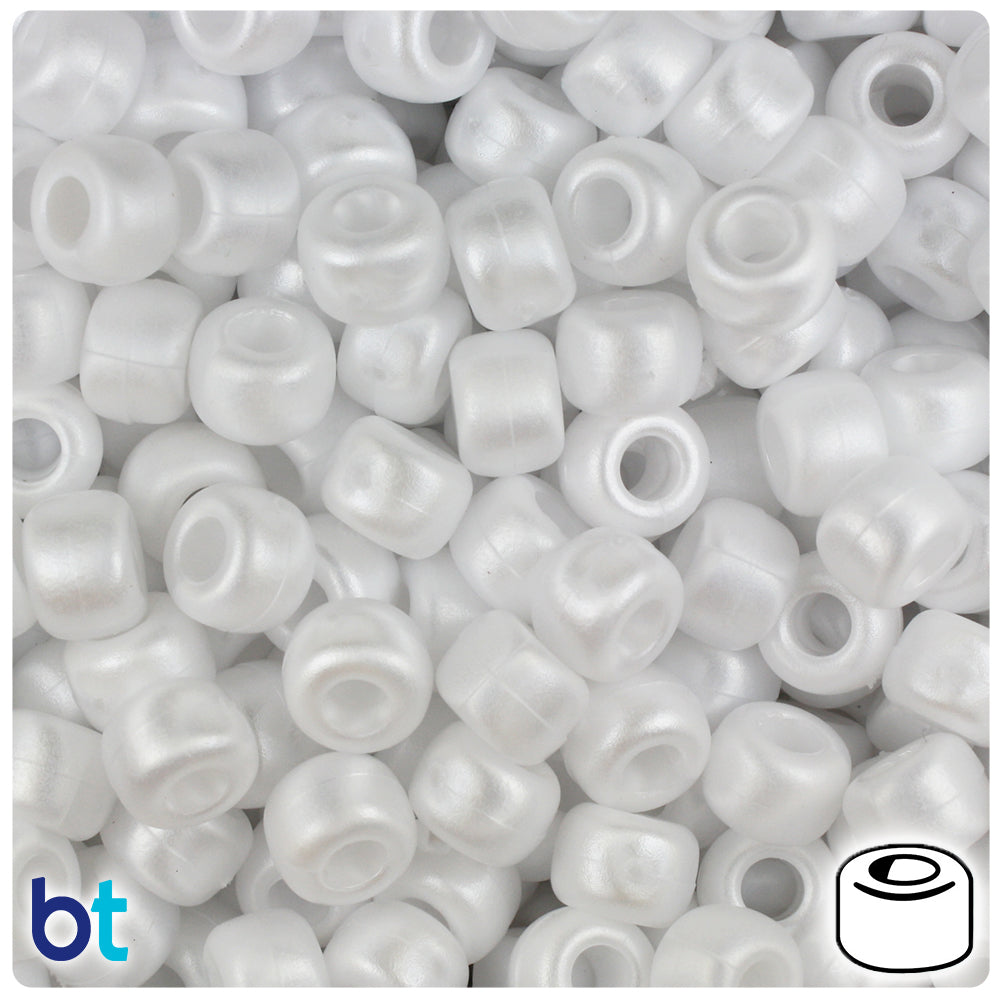 BeadTin White Ashed Pearl 9mm Barrel Plastic Pony Beads (500pcs)