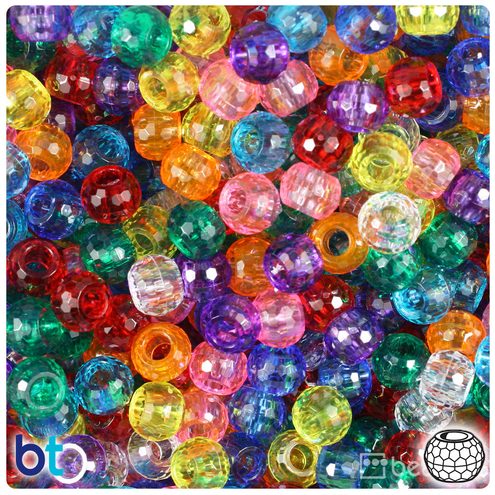 BeadTin Transparent Mix 9mm Faceted Barrel Plastic Pony Beads (500pcs)