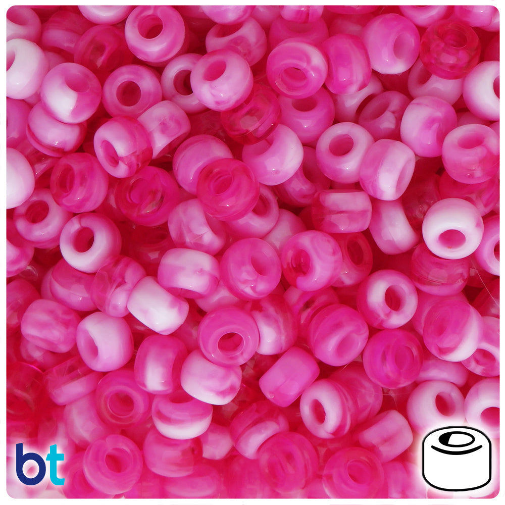 BeadTin Dark Pink Marbled 9x6mm Barrel Plastic Pony Beads (300pcs)