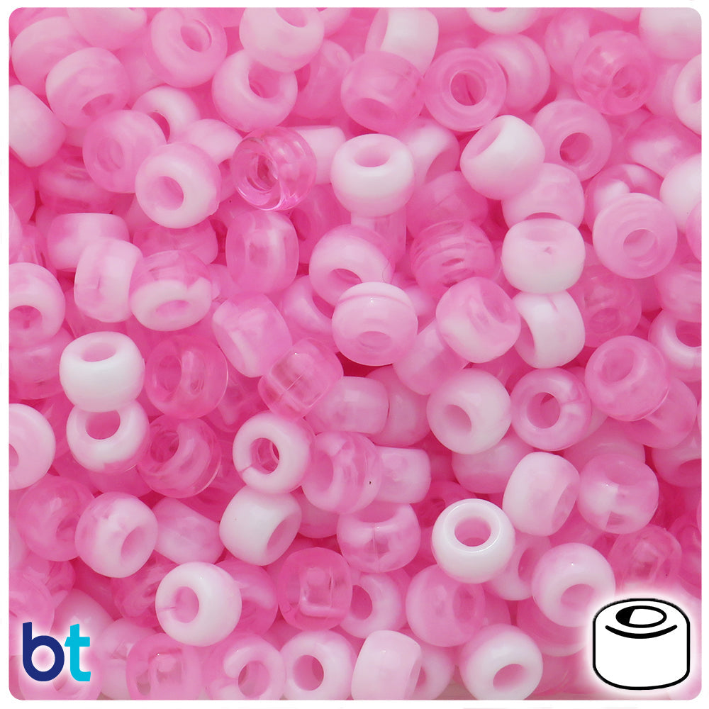 BeadTin Light Pink Marbled 9x6mm Barrel Plastic Pony Beads (300pcs)