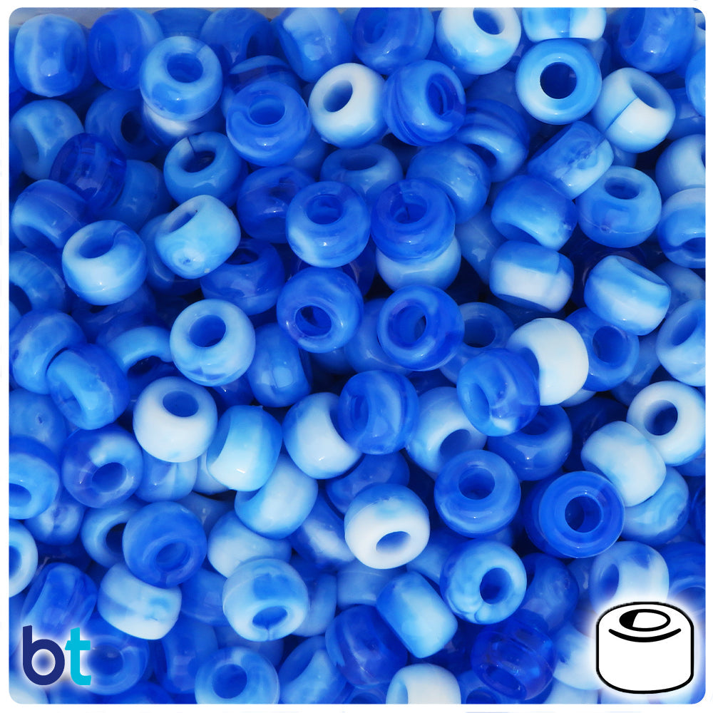BeadTin Blue Marbled 9x6mm Barrel Plastic Pony Beads (300pcs)