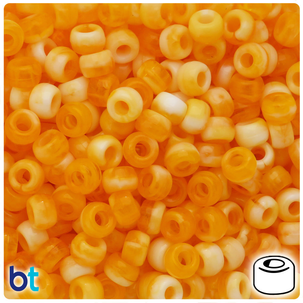 BeadTin Orange Marbled 9x6mm Barrel Plastic Pony Beads (300pcs)
