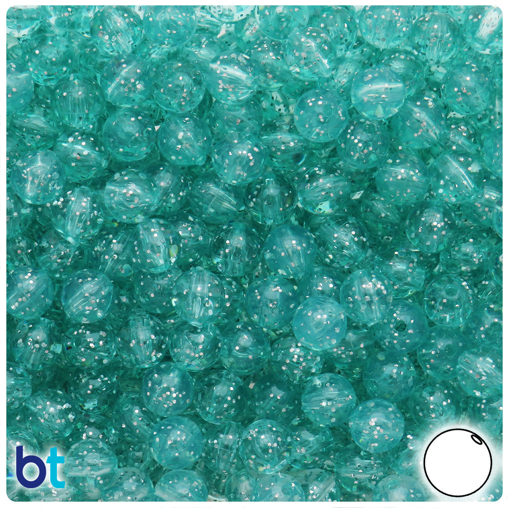 BeadTin Green Aqua Sparkle 8mm Round Plastic Craft Beads (300pcs)