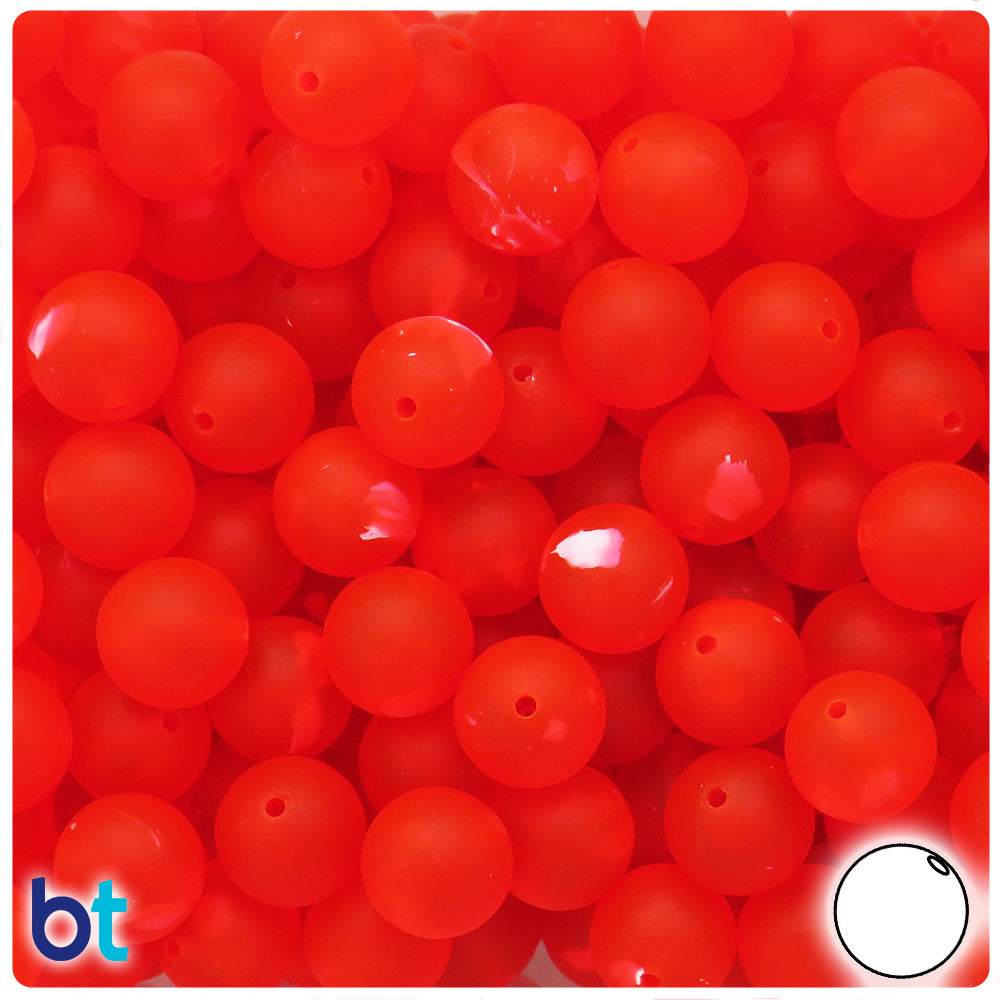 BeadTin Fire Red Frosted 12mm Round Plastic Craft Beads - White Swirls (60pcs)