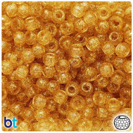 BeadTin Gold Sparkle 9mm Faceted Barrel Plastic Pony Beads (500pcs)