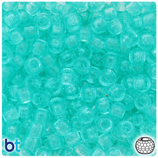 BeadTin Green Aqua Transparent 9mm Faceted Barrel Plastic Pony Beads (500pcs)