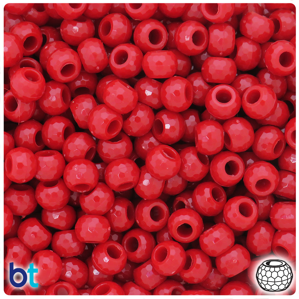 BeadTin Red Opaque 9mm Faceted Barrel Plastic Pony Beads (500pcs)