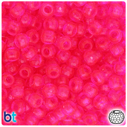 BeadTin Bright Pink Transparent 9mm Faceted Barrel Plastic Pony Beads (500pcs)