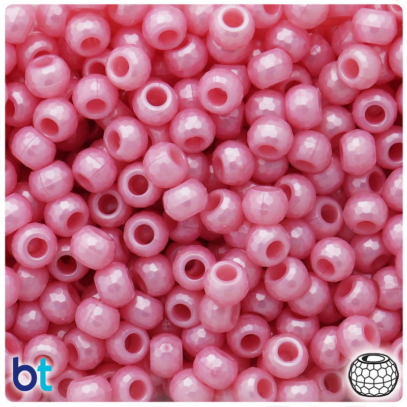 BeadTin Light Pink Pearl 9mm Faceted Barrel Plastic Pony Beads (500pcs)