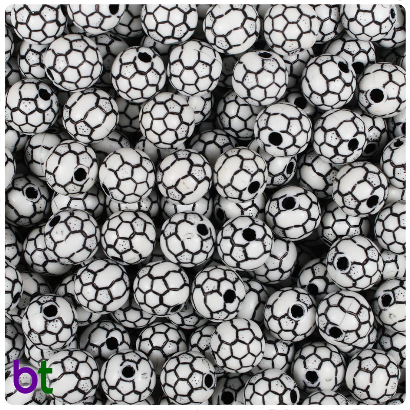 BeadTin White Opaque 10mm Soccer Ball Plastic Craft Beads - Black (80pcs)