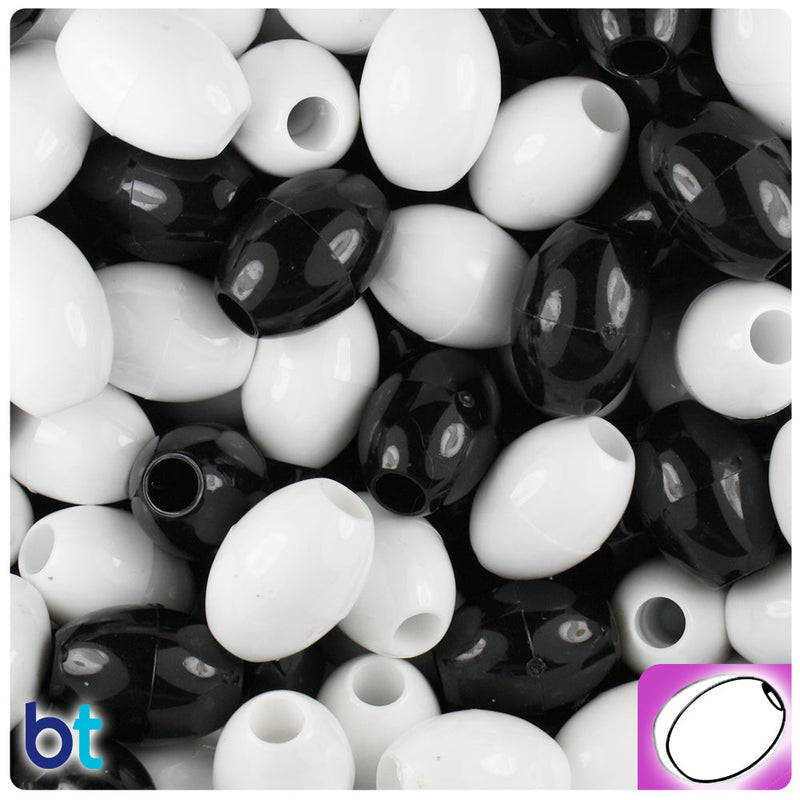 BeadTin Black & White Opaque 14mm Oval Plastic Pony Beads (200pcs)