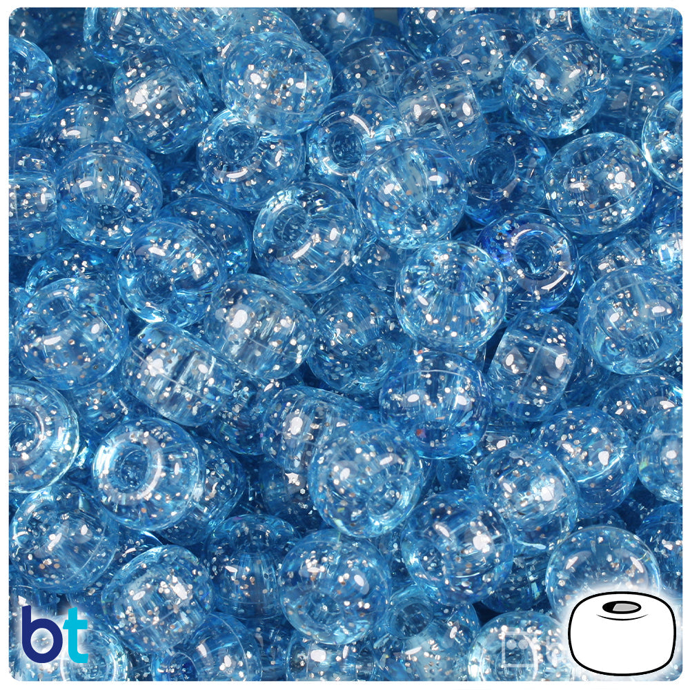 BeadTin Light Sapphire Sparkle 11mm Large Barrel Plastic Pony Beads (250pcs)
