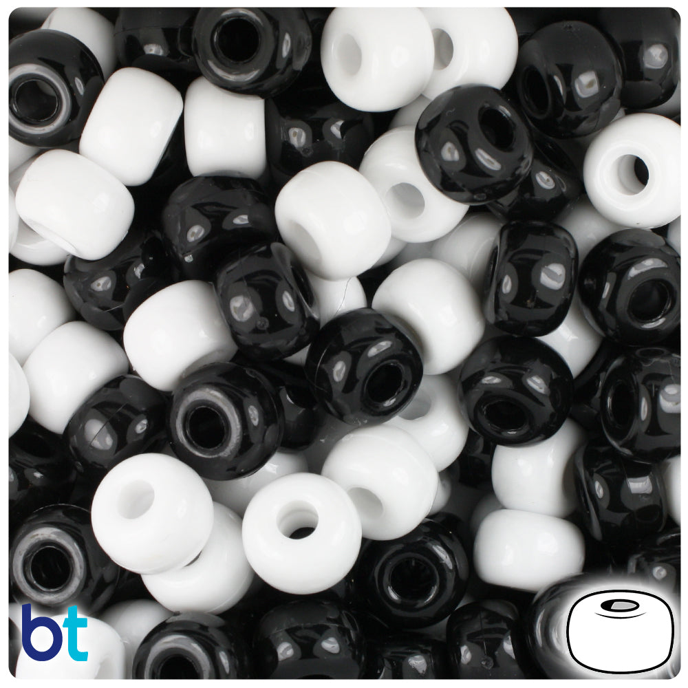 BeadTin Black & White Opaque 11mm Large Barrel Plastic Pony Beads (250pcs)