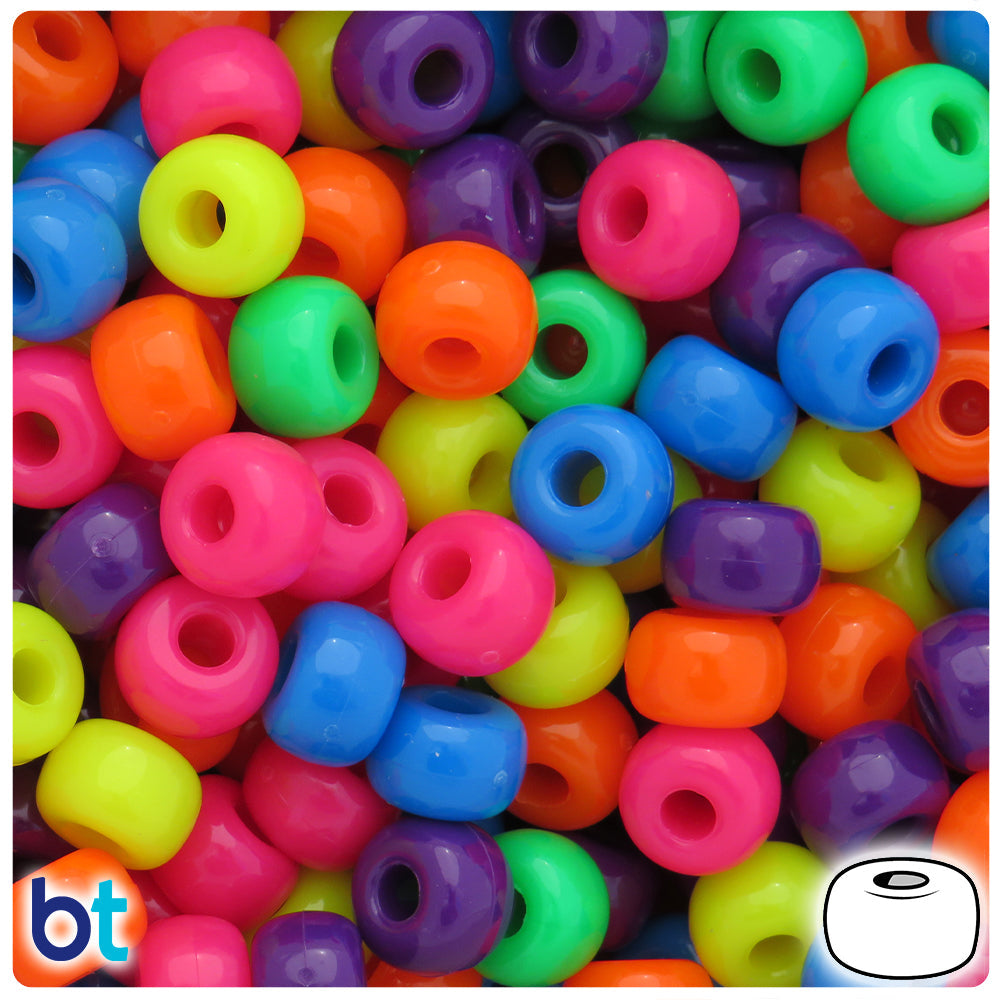 BeadTin Neon Bright Mix 11mm Large Barrel Plastic Pony Beads (250pcs)
