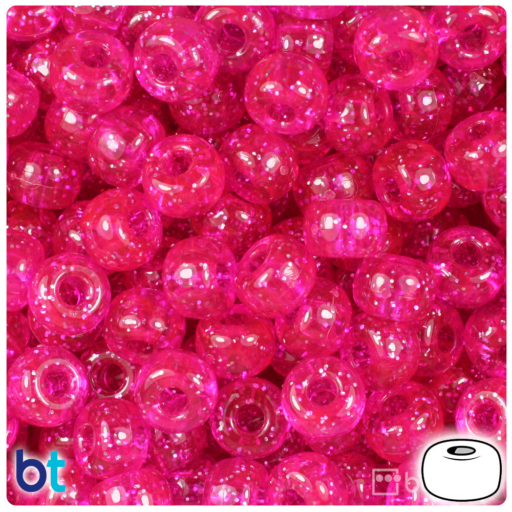 BeadTin Bright Pink Sparkle 11mm Large Barrel Plastic Pony Beads (250pcs)