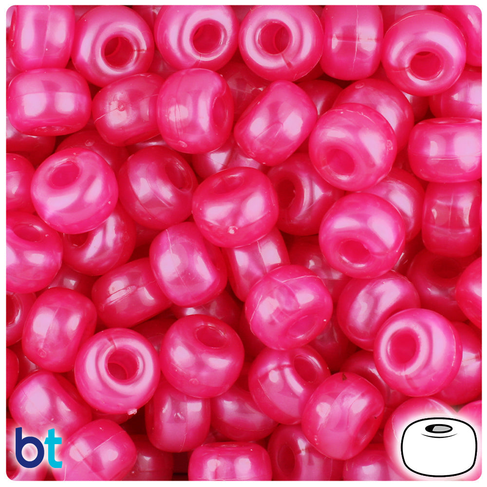 BeadTin Hot Pink Pearl 11mm Large Barrel Plastic Pony Beads (250pcs)