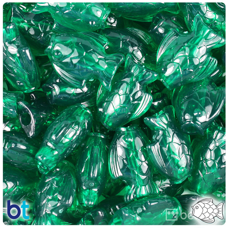 BeadTin Emerald Transparent 24mm Fish Plastic Pony Beads (24pcs)