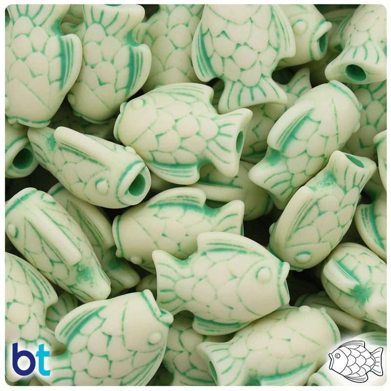 BeadTin Ivory w/Green Antique 24mm Fish Plastic Pony Beads (24pcs)