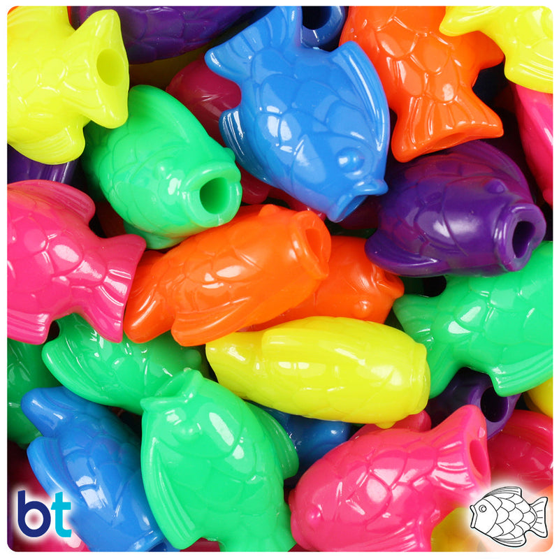 BeadTin Neon Bright Mix 24mm Fish Plastic Pony Beads (24pcs)