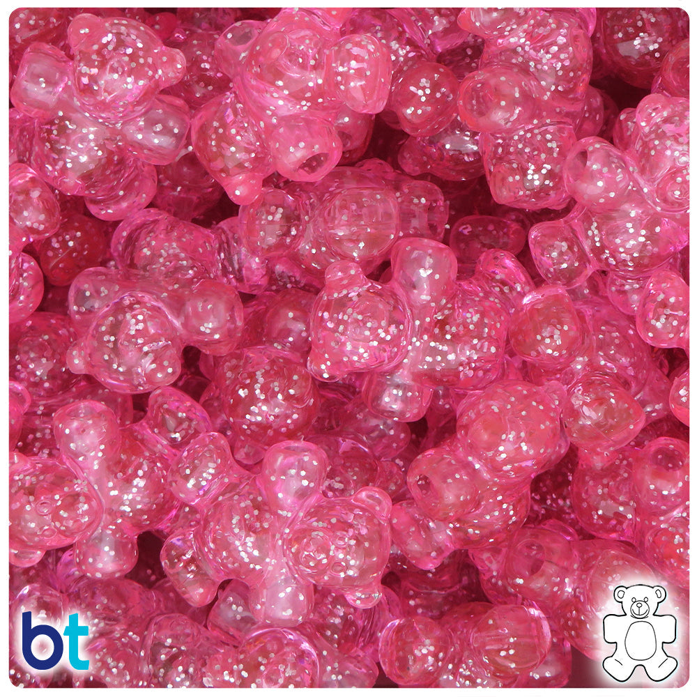 BeadTin Pink Sparkle 25mm Teddy Bear Plastic Pony Beads (24pcs)