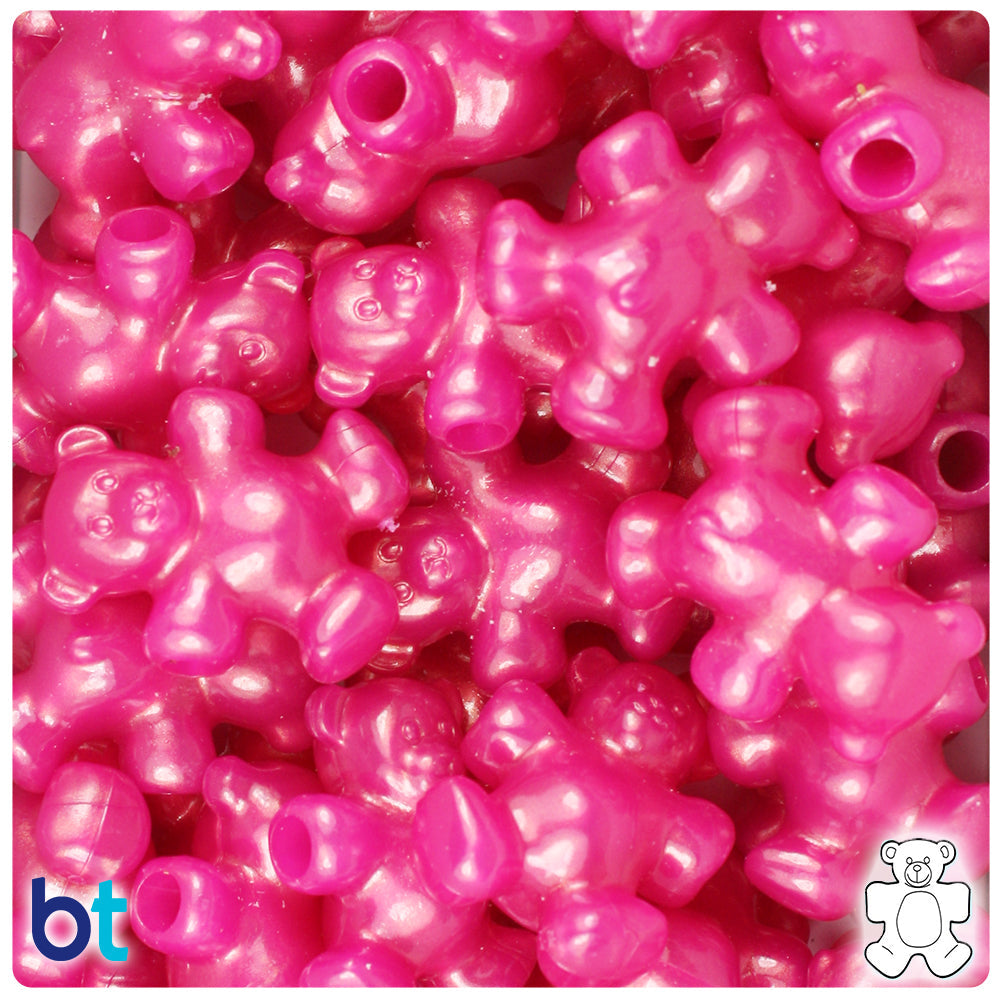 BeadTin Hot Pink Pearl 25mm Teddy Bear Plastic Pony Beads (24pcs)