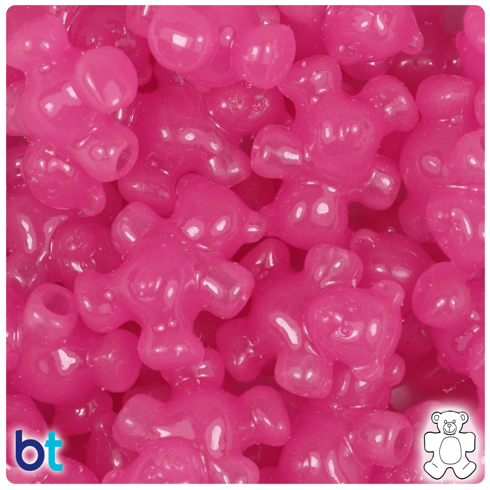 BeadTin Pink Glow 25mm Teddy Bear Plastic Pony Beads (24pcs)