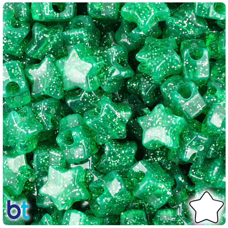 BeadTin Emerald Sparkle 13mm Star Plastic Pony Beads (250pcs)