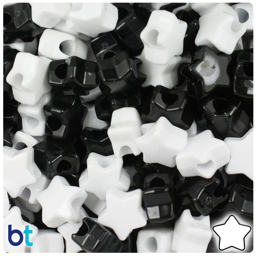 BeadTin Black & White Opaque Mix 13mm Star Plastic Pony Beads (250pcs)