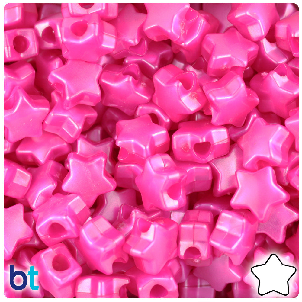 BeadTin Hot Pink Pearl 13mm Star Plastic Pony Beads (250pcs)