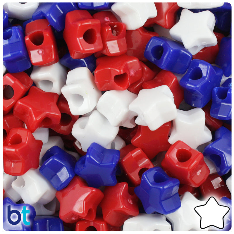 BeadTin Patriotic Opaque Mix 13mm Star Plastic Pony Beads (250pcs)