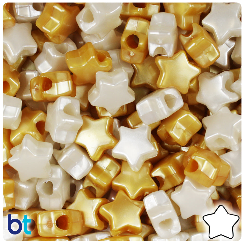 BeadTin Gold & Bridal Pearl Mix 13mm Star Plastic Pony Beads (250pcs)