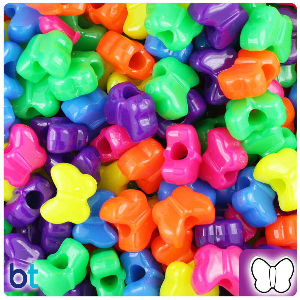 BeadTin Neon Bright Mix 13mm Butterfly Plastic Pony Beads (250pcs)