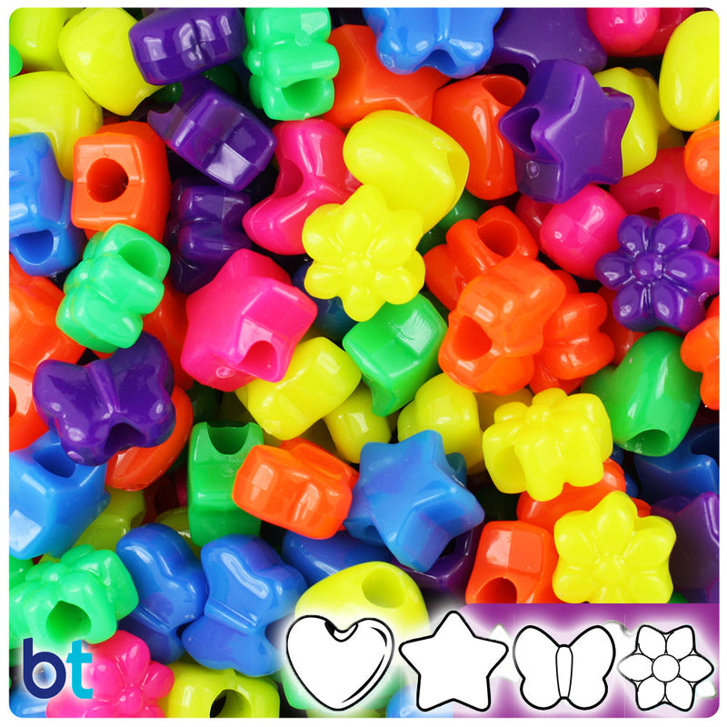 BeadTin Neon Bright Mix 13mm Small Shape Mix Plastic Pony Beads (4oz)