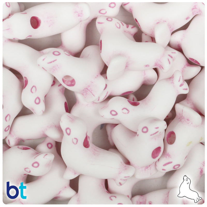 BeadTin White & Pink Antique 24mm Seal Plastic Pony Beads (24pcs)