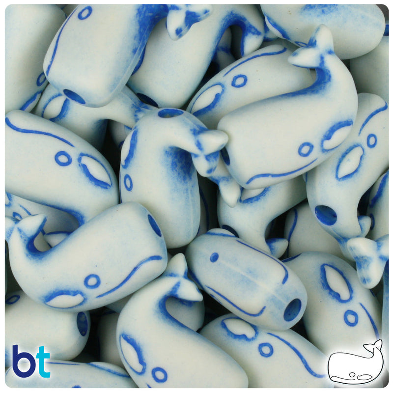 BeadTin Ivory & Blue Antique 24mm Whale Plastic Pony Beads (24pcs)