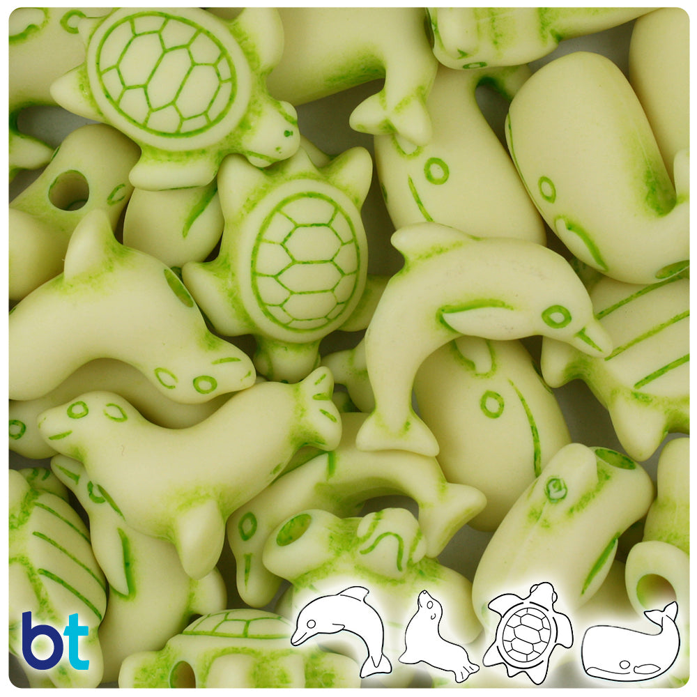 BeadTin Ivory & Green Antique Marine Life Plastic Pony Beads (2oz)
