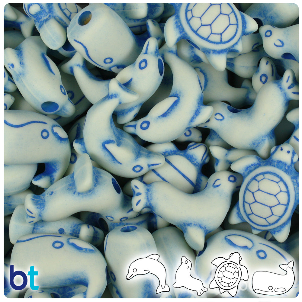 BeadTin Ivory & Blue Antique Marine Life Plastic Pony Beads (2oz)