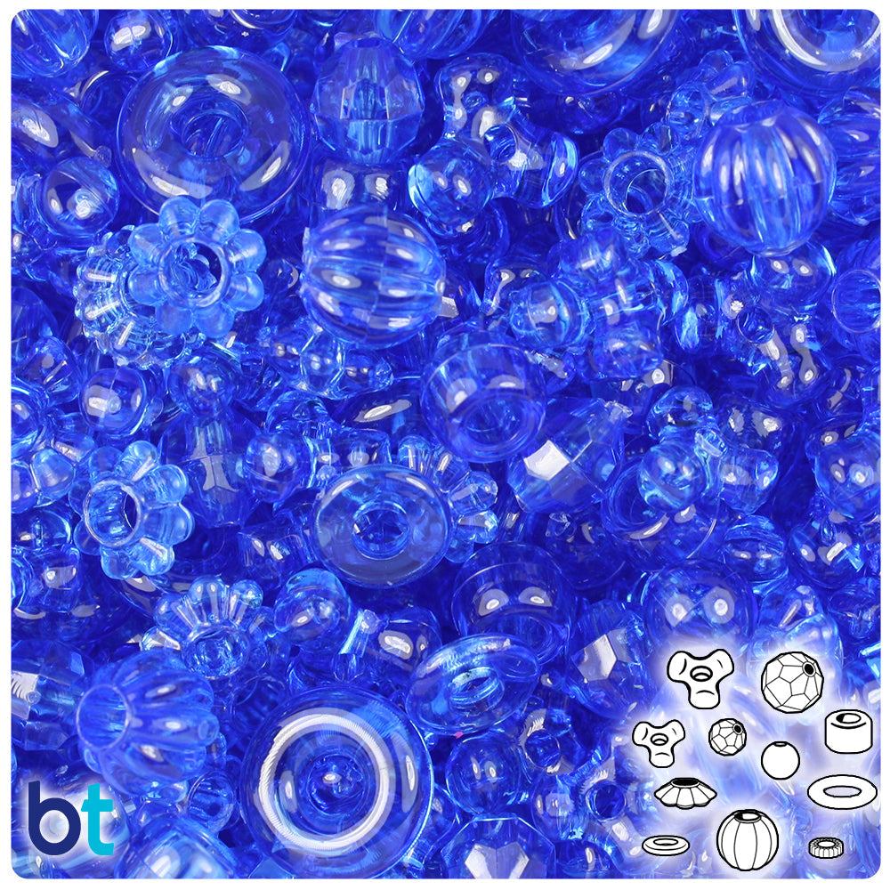 BeadTin Dark Sapphire Transparent Plastic Craft Beads Mix (4oz)