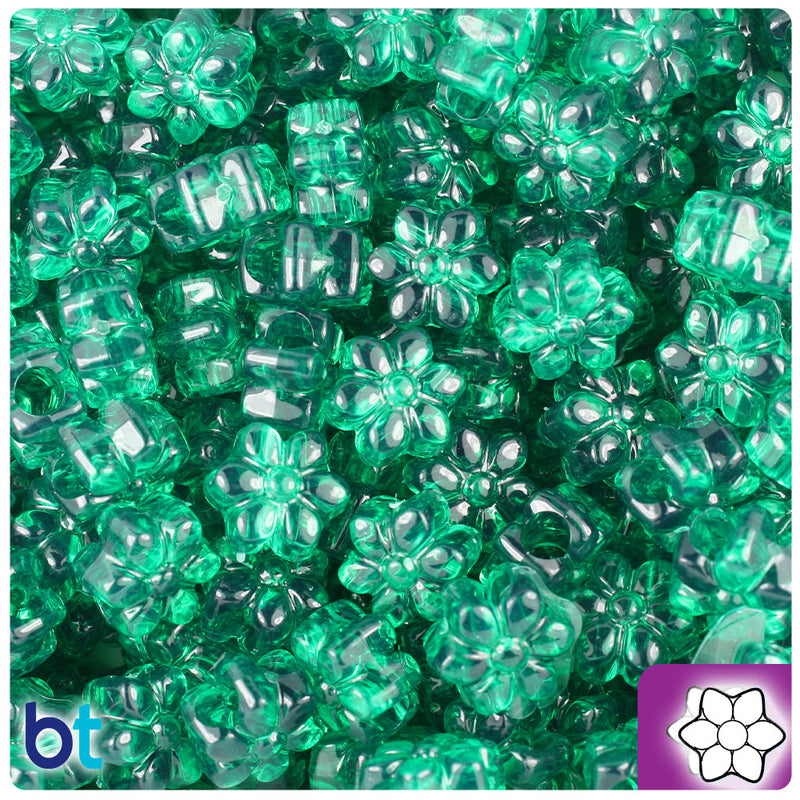 BeadTin Emerald Transparent 13mm Flower Plastic Pony Beads (250pcs)