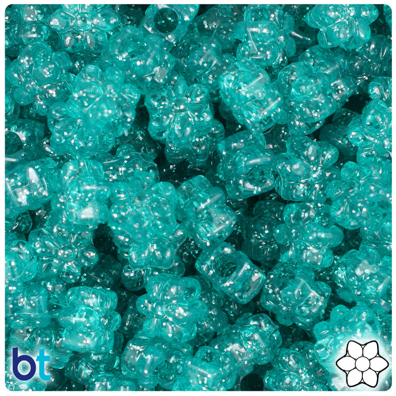 BeadTin Teal Sparkle 13mm Flower Plastic Pony Beads (250pcs)