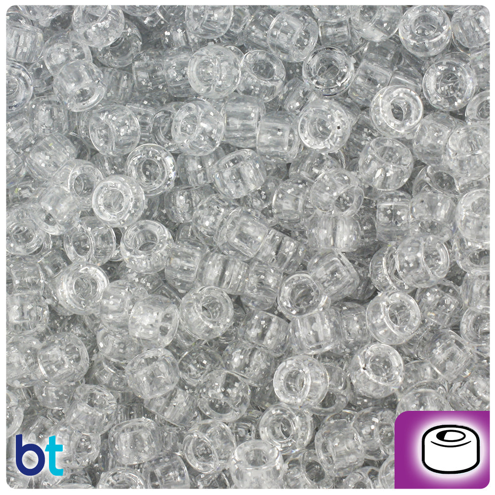 BeadTin Silver Sparkle 6.5mm Mini Barrel Plastic Pony Beads (1000pcs)